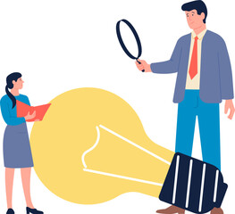 Wall Mural - Woman selling ideas, female creative characters and boss with magnifying glass. Gender gap, giant manager and tiny employee, flat business vector scene