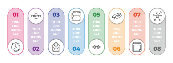 Wall Mural - user interface infographic element with outline icons and 8 step or option. user interface icons such as hour, desactivate, envelope, subtraction, medium, 3d pie chart, padnote, connectivity vector.