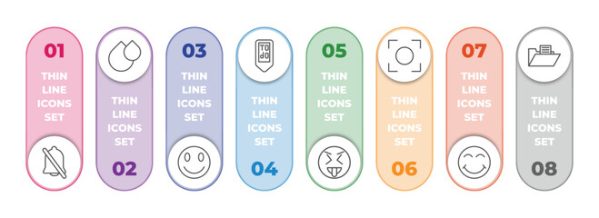 Wall Mural - user interface infographic element with outline icons and 8 step or option. user interface icons such as disable alarm, big and small drops, smile smile, to do, insolent, auto focus, joyful smile,