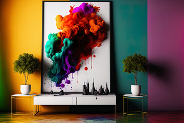 Poster - Colorful wall with a blank poster in a stylish room's interior. Generative AI