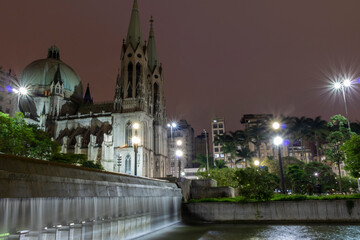 Wall Mural - Sao Paulo, SP, Brazil, November 24, 2016. Night view of Se square and facade of Se Metropolitan Cathedral in Sao Paulo, Brazil. Se Cathedral was constructed in 1913 in Neo Gothic Style.