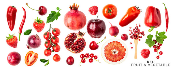 Wall Mural - Fresh red vegetable, fruits and berry. PNG with transparent background. Flat lay. Without shadow.