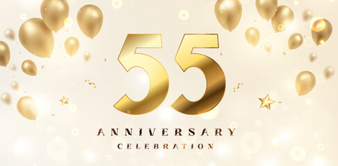 Wall Mural - 55th Anniversary celebration background. 3D Golden numbers with bent ribbon, confetti and balloons.