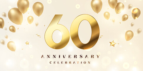 Wall Mural - 60th Anniversary celebration background. 3D Golden numbers with bent ribbon, confetti and balloons.