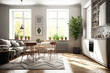 © AkuAku - Open concept modern Scandinavian room with design furnishings, a family table, a sofa, and plants Stylish carpet and brown oak parquet flooring. beautiful, basic apartment. large windows sunny and bri