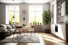 Open Concept Modern Scandinavian Room With Design Furnishings, A Family Table, A Sofa, And Plants Stylish Carpet And Brown Oak Parquet Flooring. Beautiful, Basic Apartment. Large Windows Sunny And Bri