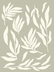 Decorative wallpaper with branches in gray tone. Delicate, light-toned pattern with botanical elements. Nature-inspired poster for accent wall. Wall decor and mural for nursery. Twigs background.