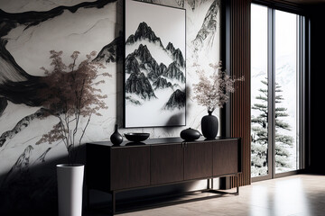 Sticker - White and dark colors dominate this Japandi living room. wooden dresser with a replica of a wall. marble flooring, a sweeping vista, and a wallpapered wall imitation. contemporary interior design