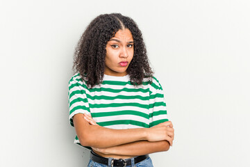 Wall Mural - Young african american woman isolated on white background unhappy looking in camera with sarcastic expression.