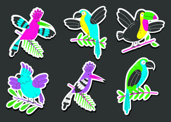 Exotic bird jungle parrot tropical summer style cute stickers animal isolated concept set. Vector cartoon graphic design element illustratio