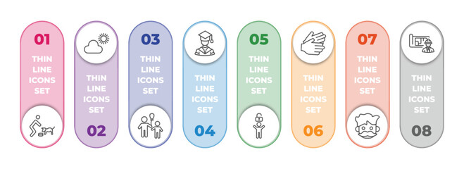Wall Mural - people infographic element with outline icons and 8 step or option. people icons such as feeding a dog, weathercaster, man child and balloons, graduating boy, man with open lock, partners claping