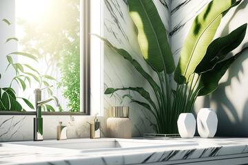 Poster - Realistic close up blank space on white marble bathroom vanity counter top with ceramic wash basin and faucet, clear reeded glass shower screen, morning sunlight, tropical banana leaf plants