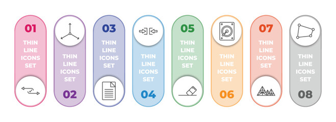 Wall Mural - geometric figure infographic element with outline icons and 8 step or option. geometric figure icons such as flow, axis, text, constraint, erase, disk, polygonal mountains, distort vector.