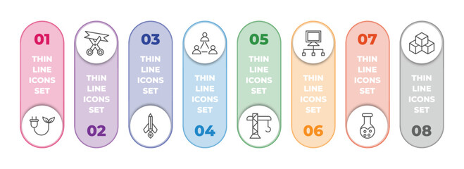 Wall Mural - general infographic element with outline icons and 8 step or option. general icons such as biomass energy, inauguration, creative pencil rocket, business networking, building crane, bpm, chemical