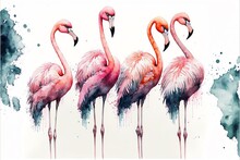 Flamingo Watercolor Illustration On White Background. Beautiful Tropical Bird. Generative AI.