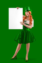 Happy Irish Young Red-haired Woman In A Green Leprechaun Elf Costume During A St. Patrick's Day Party. Ireland National Independence Day March 17th