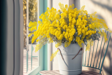 Poster - Mimosa flowers in a bunch in a vase on a patio table. Yellow wildflower bouquet in pail on front porch of house. terrace spring decorating rustic interior design. cozy patio yard decor. March 8