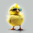 Yellow cool chick with sunglasses. Cute baby chicken illustration on white background. Generative AI.