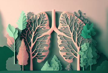 Human lungs and green forest. AI generated image.