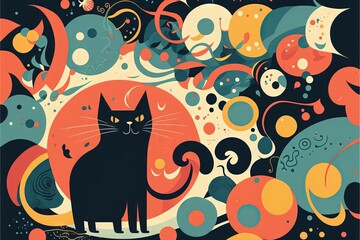 Wall Mural -  a black cat sitting on top of a colorful background with bubbles and bubbles around it, and a black cat with yellow eyes and a black nose, with a red nose, and a. generative ai generative ai