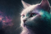  A Cat With Blue Eyes And A Galaxy Background Is Looking Up At The Sky With Stars And A Bright Light In The Middle Of The Cat's Eyes, With A Blue, Pink, Purple,. Generative Ai Generative Ai