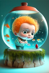 Canvas Print -  a cartoon character is looking at a fish in a bowl with a red hair and a striped shirt on, with a fish in the bowl, and a blue background, a green background. generative ai generative ai