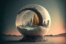  A Snow Globe With A Castle Inside Of It On A Desert Landscape With A Bird Flying Over It And A Bird Flying Over It, And A Bird Flying Over The Top Of The Globe. Generative Ai