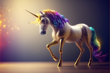 Poster -  a unicorn with a rainbow mane and a blue tail standing on a floor with a light shining behind it and a purple background behind it, with a yellow and blue border, and pink. generative ai