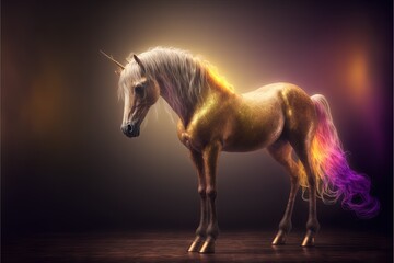 Poster -  a golden unicorn with a purple mane and tail standing on a wooden floor with a black background and a purple light behind it and a black background with a yellow and pink spot on the. generative ai