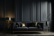 © MiaStendal - Black interior modern classic. A large black sofa, a sofa in expensive fabric, a green houseplant. Black dark room. AI