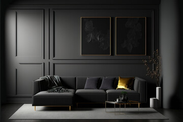 Wall Mural - Black interior modern classic. A large black sofa, a sofa in expensive fabric, a green houseplant. Black dark room. AI