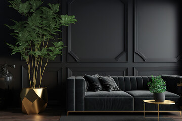 Wall Mural - Black interior modern classic. A large black sofa, a sofa in expensive fabric, a green houseplant. Black dark room. AI