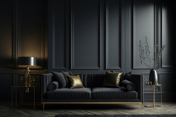 Wall Mural - Black interior modern classic. A large black sofa, a sofa in expensive fabric, a green houseplant. Black dark room. AI