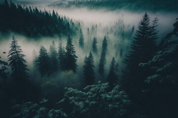 Wall Mural - Beautiful foggy dark green forest, top view, aerial photography. Fantasy forest landscape. AI