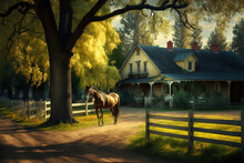 Country Ranch, Big Wooden House, Horse Paddock, Big Trees. Fantasy Landscape. AI