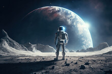 Astronaut Standing On The Moon Looking At Earth, Art Illustration 