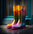 Colorful rain boots for a grey rainy day. Stay happy and optimistic, have fun. Concept of joy and hapyness in life. Generative AI