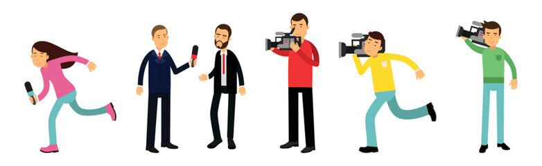 Wall Mural - News Program Crew Of Professional Cameraman and Journalists Creating TV Broadcast Vector Set