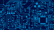Seamless texture of a computer motherboard with a processor. The system chip of the printed circuit board with the main processor. Education in the field of computer technology.