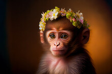  Cute Baby Monkey Portrait On Black Background.  Generative AI.