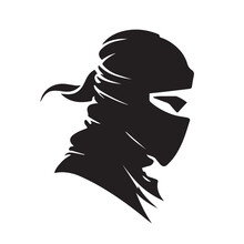 Ninja Vector Icon. Simple Minimal Logo Of A Hooded Assassin. Isolated Japanese Warrior. Stealth Character. Asian Martial Artist. Flat Shaped Samurai. Cartoon Graphic. Isolated Man Looking Angry.