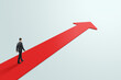 © Who is Danny - Career growth and road to success concept with businessman perspective view walking on red arrow on abstract light grey background