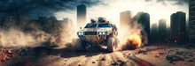 Generic Military Armored Vehicle Crosses Mine Fields Fire And Smoke In The Desert, Wide Poster Design With Copy Space Area
