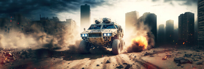 Wall Mural - generic military armored vehicle crosses mine fields fire and smoke in the desert, wide poster design with copy space area