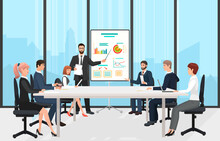 Business People Meeting On Conference In Board Room. Cartoon Team Of Professional Corporate Managers Training With Leader, Businessman Showing Presentation Flat Vector Illustration. Seminar Concept