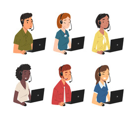 Sticker - Support service operators with headsets consulting customers set. Customer service, call center, hotline cartoon vector illustration