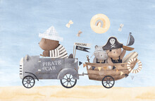Daddy Bear And Two Cubs Go On Vacation. Pirate Bears. Sea Adventure. Decor For A Children's Room.