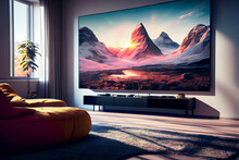Big Tv In A Living Room.  Elegant Living Room With Big Tv Screen.  Generative AI.