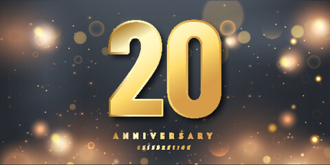 Wall Mural - 20th Year anniversary celebration background. 3D Golden number with Shiny Glitter lights In black dark night background.