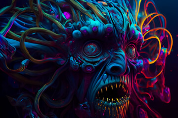 Wall Mural - horror poster. mystical head. psychedelic monster. generative ai.